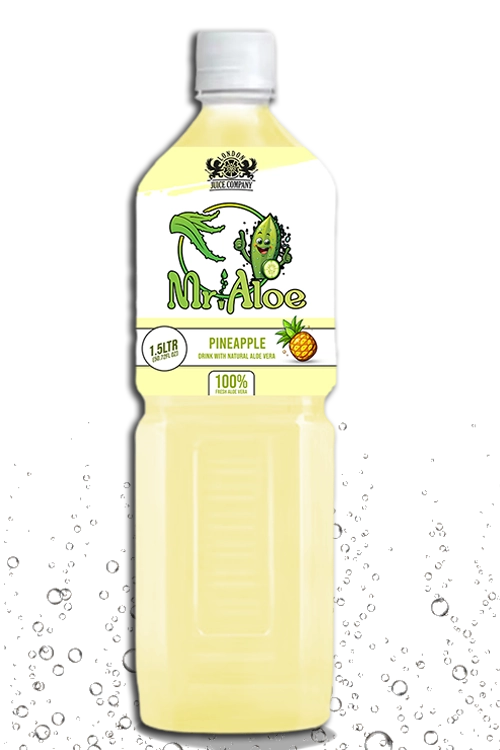 Mr. Aloe Pineapple flavor in a tropical 1.5-liter bottle, infused with natural aloe vera.